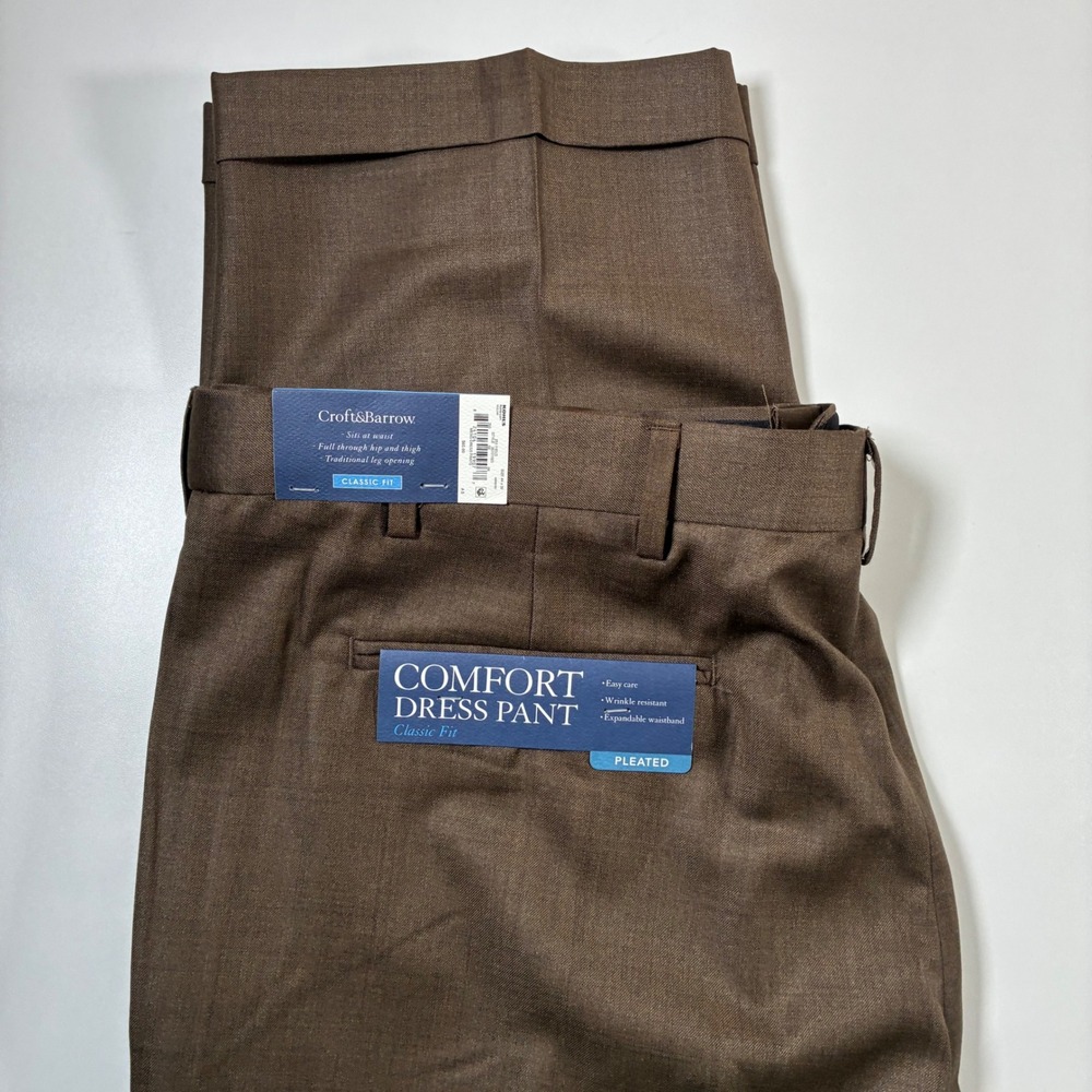 NEW Croft & Barrow Comfort Pants 44x32 Brown Classic Pleated Cuffed Viscose